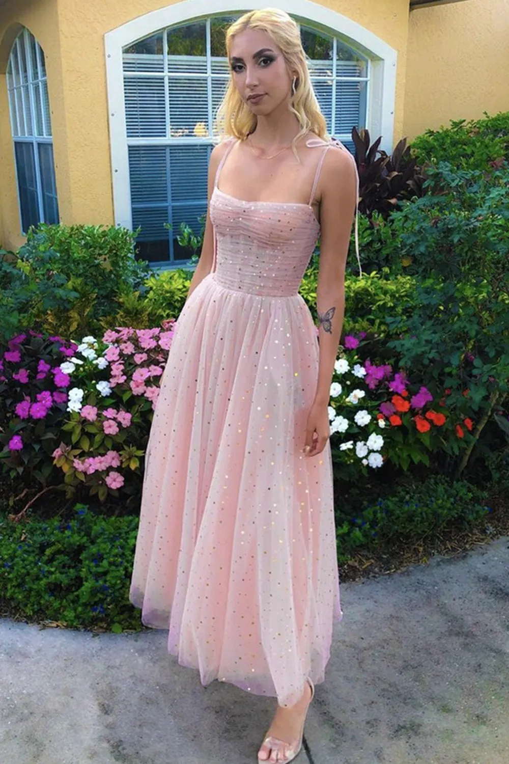 Spaghetti Straps Sequins Pink Tea Length Prom, Shiny Sequins Pink Homecoming, Pink Formal Evening