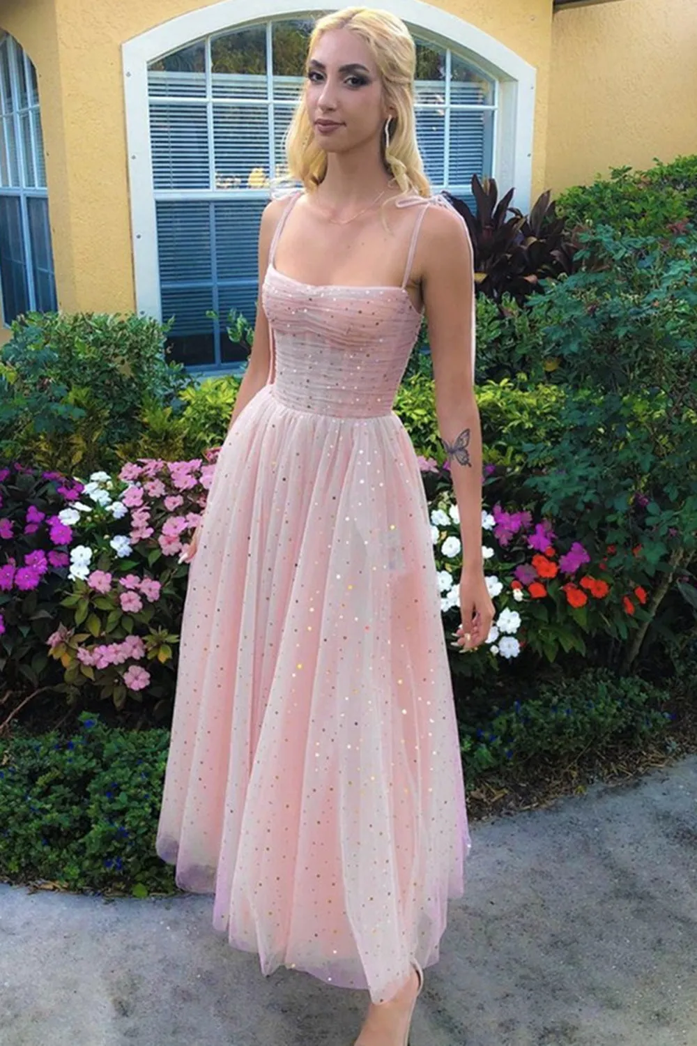 Spaghetti Straps Sequins Pink Tea Length Prom, Shiny Sequins Pink Homecoming, Pink Formal Evening