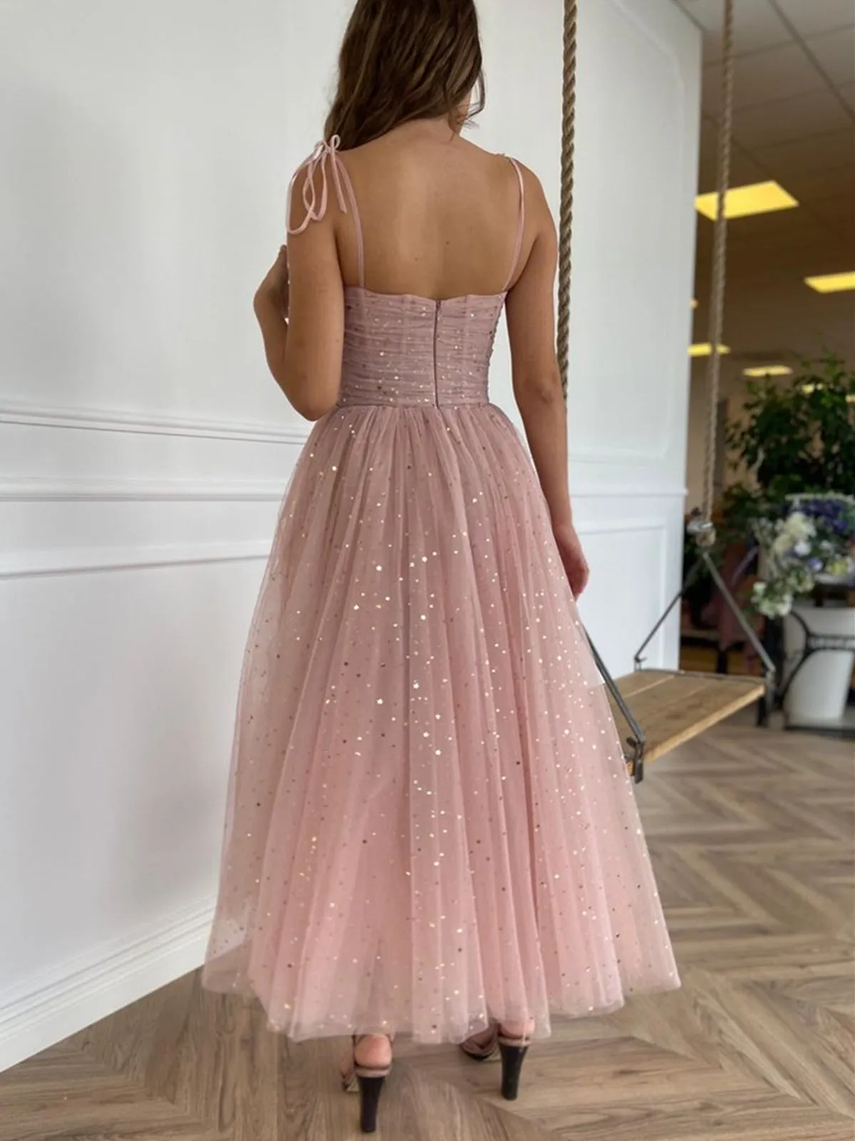 Spaghetti Straps Sequins Pink Tea Length Prom, Shiny Sequins Pink Homecoming, Pink Formal Evening