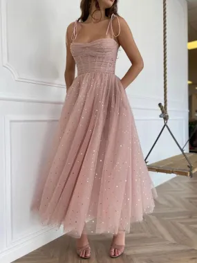 Spaghetti Straps Sequins Pink Tea Length Prom, Shiny Sequins Pink Homecoming, Pink Formal Evening