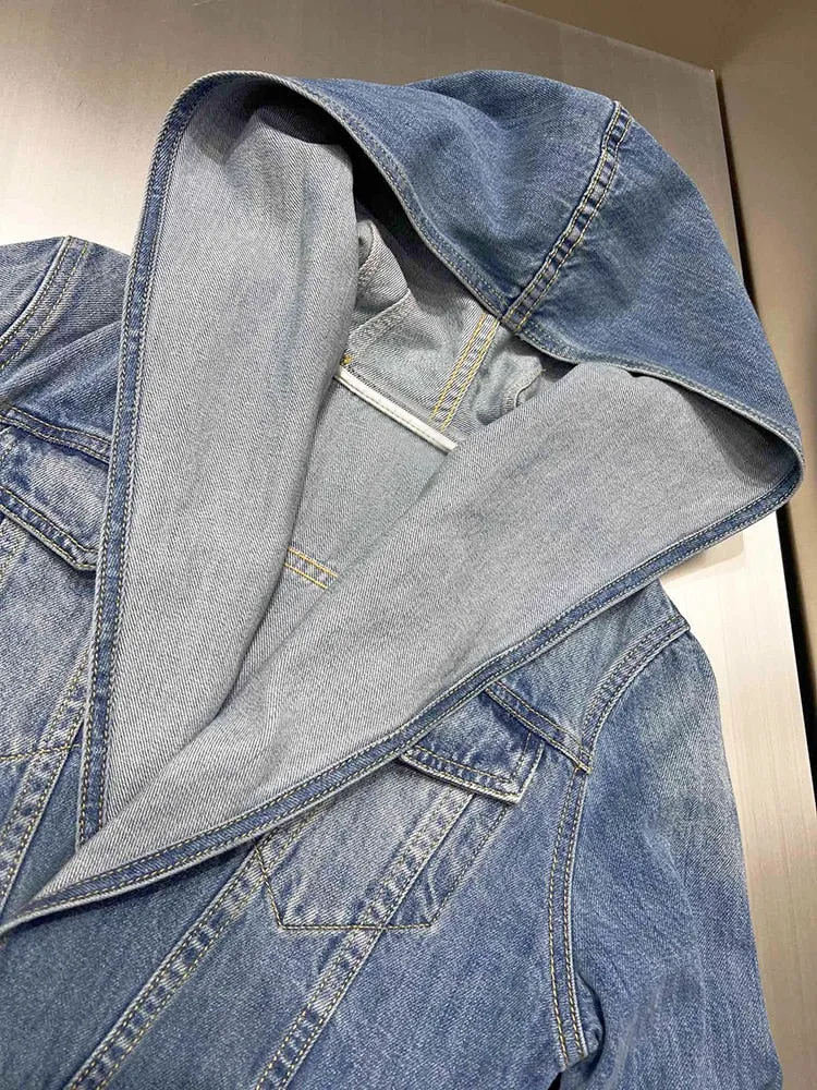 Spliced Pockets Denim Coats For Women Hooded Long Sleeve Slimming Streetwear Jackets Female Fashion Clothing