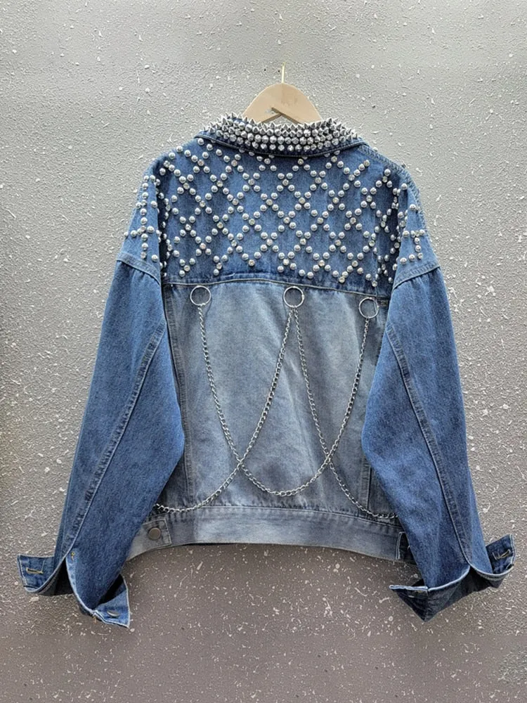 Spliced Rivet Denim Jackets For Women Lapel Long Sleeve Loose Streetwear Vintage Jacket Female Fashion Clothing