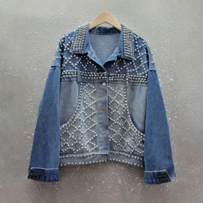 Spliced Rivet Denim Jackets For Women Lapel Long Sleeve Loose Streetwear Vintage Jacket Female Fashion Clothing