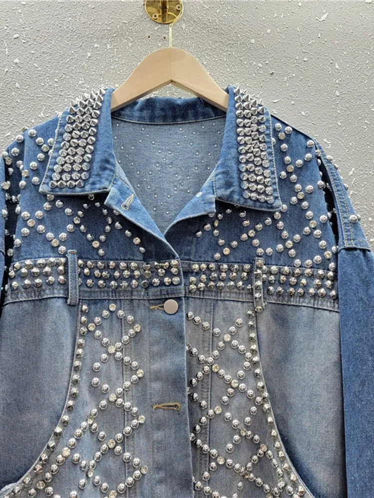 Spliced Rivet Denim Jackets For Women Lapel Long Sleeve Loose Streetwear Vintage Jacket Female Fashion Clothing