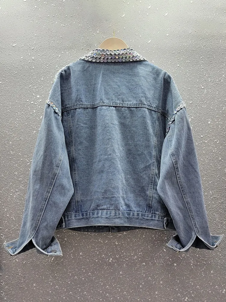 Spliced Sequins Denim Jackets For Women Lapel Long Sleeve Loose Vintage Casual Chic Jacket Female Fashion Clothing