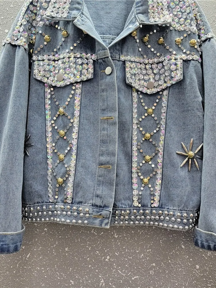 Spliced Sequins Denim Jackets For Women Lapel Long Sleeve Loose Vintage Casual Chic Jacket Female Fashion Clothing