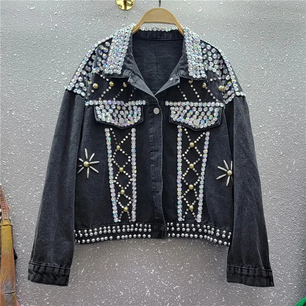 Spliced Sequins Denim Jackets For Women Lapel Long Sleeve Loose Vintage Casual Chic Jacket Female Fashion Clothing