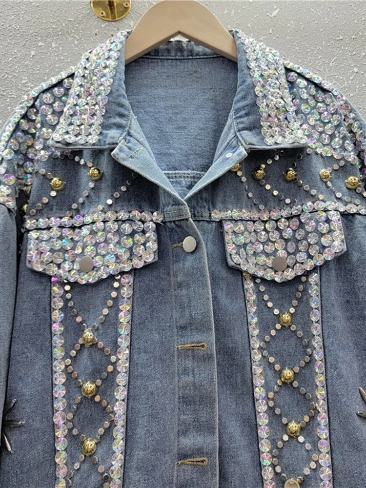 Spliced Sequins Denim Jackets For Women Lapel Long Sleeve Loose Vintage Casual Chic Jacket Female Fashion Clothing