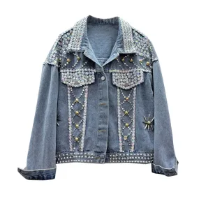 Spliced Sequins Denim Jackets For Women Lapel Long Sleeve Loose Vintage Casual Chic Jacket Female Fashion Clothing