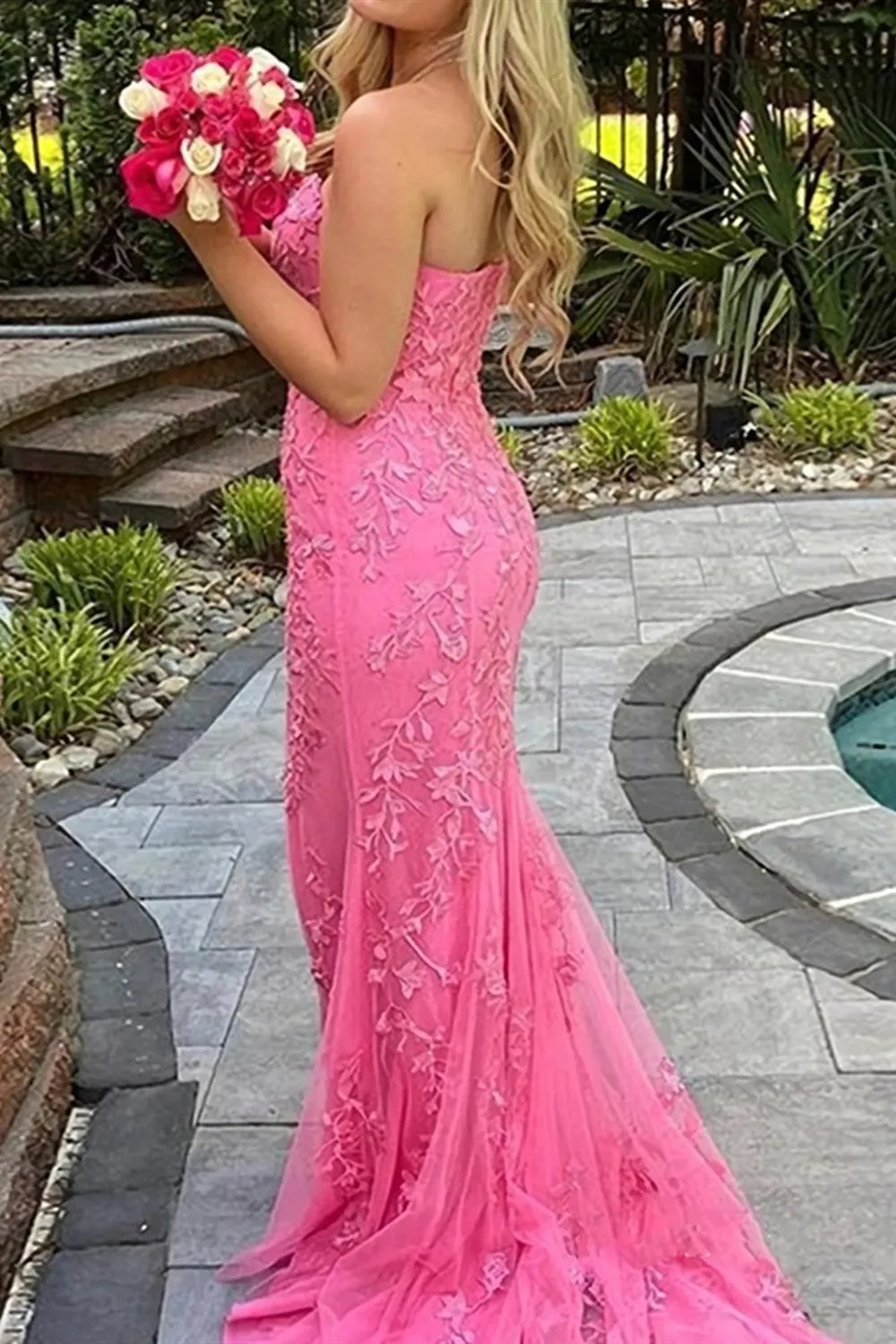 Strapless Mermaid Yellow/Pink/Purple Lace Prom Dresses, Yellow/Pink/Purple Lace Mermaid Formal Evening Dresses