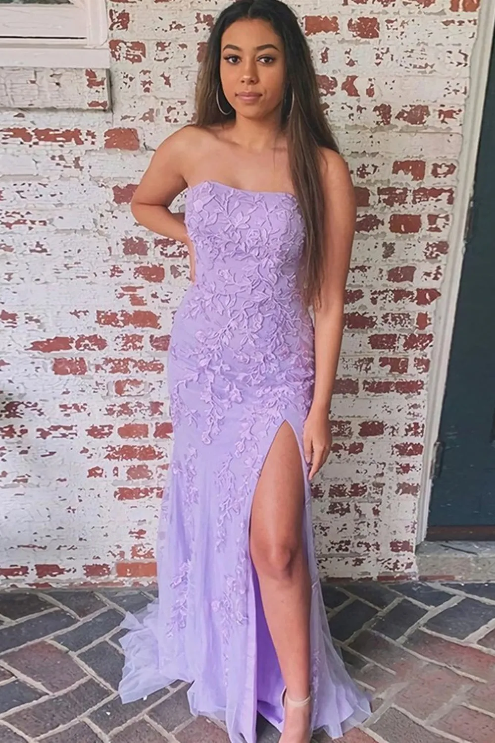 Strapless Mermaid Yellow/Pink/Purple Lace Prom Dresses, Yellow/Pink/Purple Lace Mermaid Formal Evening Dresses