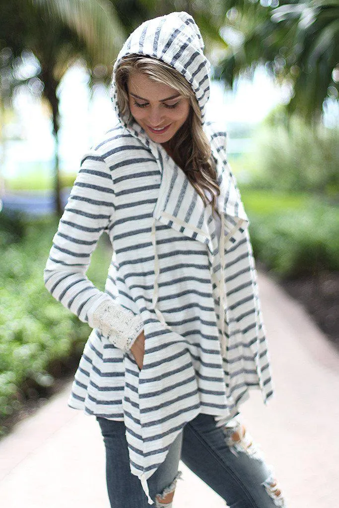 Striped Hooded Cardigan With Crochet Detail