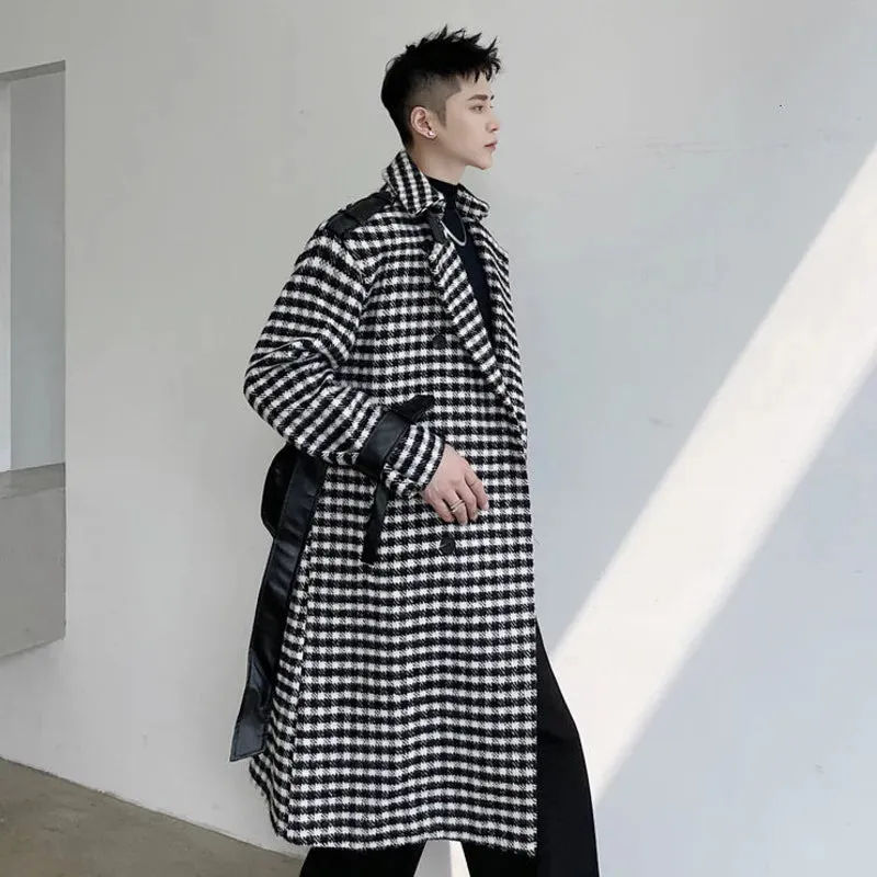 Stylish Men's Woolen Coat Thickened Trendy Contrast Color Plaid Overcoat Winter Male Outwear Korean Style 9D0938