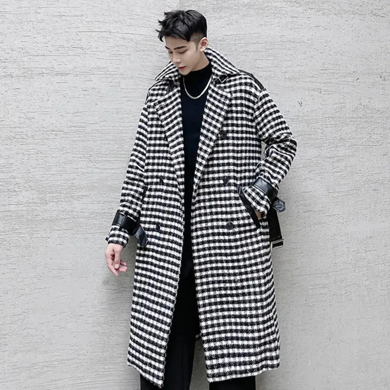 Stylish Men's Woolen Coat Thickened Trendy Contrast Color Plaid Overcoat Winter Male Outwear Korean Style 9D0938