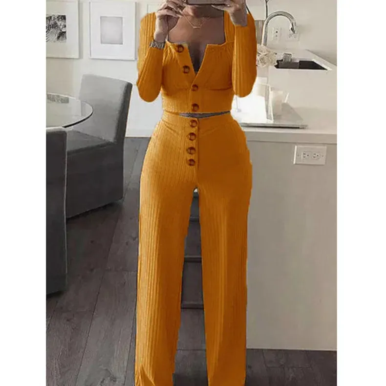 Two Piece Slim Fit V-neck Button Detailed Knit Crop Top and Wide Leg Pants Set (5 colors)