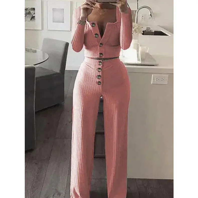 Two Piece Slim Fit V-neck Button Detailed Knit Crop Top and Wide Leg Pants Set (5 colors)