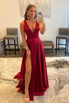 V Neck Burgundy Lace Long Prom Dress with High Slit, Burgundy Lace Formal Dress, Burgundy Evening Dress A1605