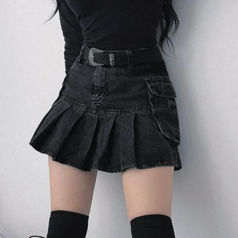 Vintage High Waist Pleated Denim Mini Skirt - Culture Heaven Special