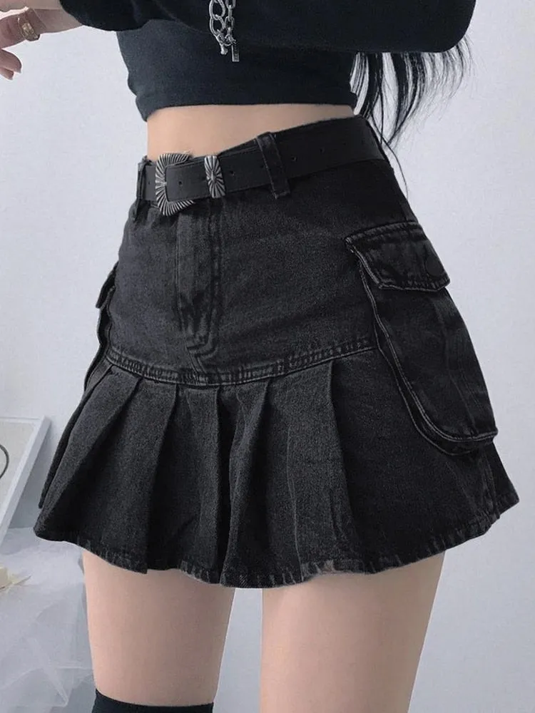 Vintage High Waist Pleated Denim Mini Skirt - Culture Heaven Special