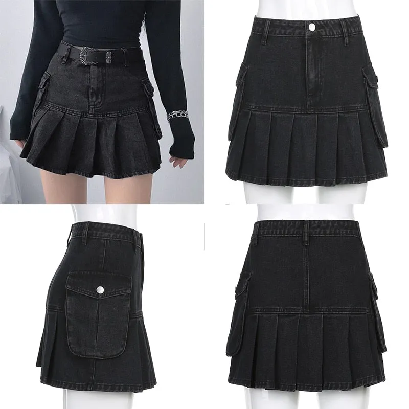 Vintage High Waist Pleated Denim Mini Skirt - Culture Heaven Special