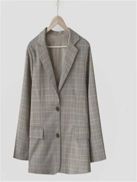 Vintage Notched Collar Plaid Breasted Jacket Casual Blazer Coat