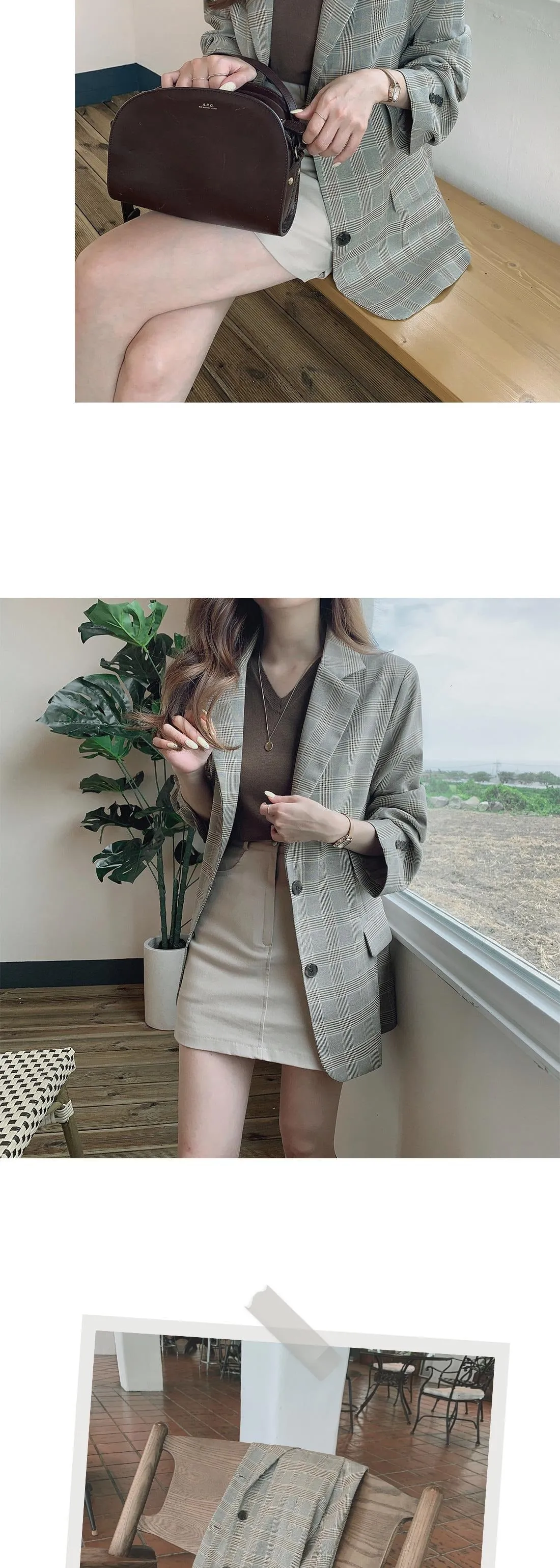 Vintage Notched Collar Plaid Breasted Jacket Casual Blazer Coat