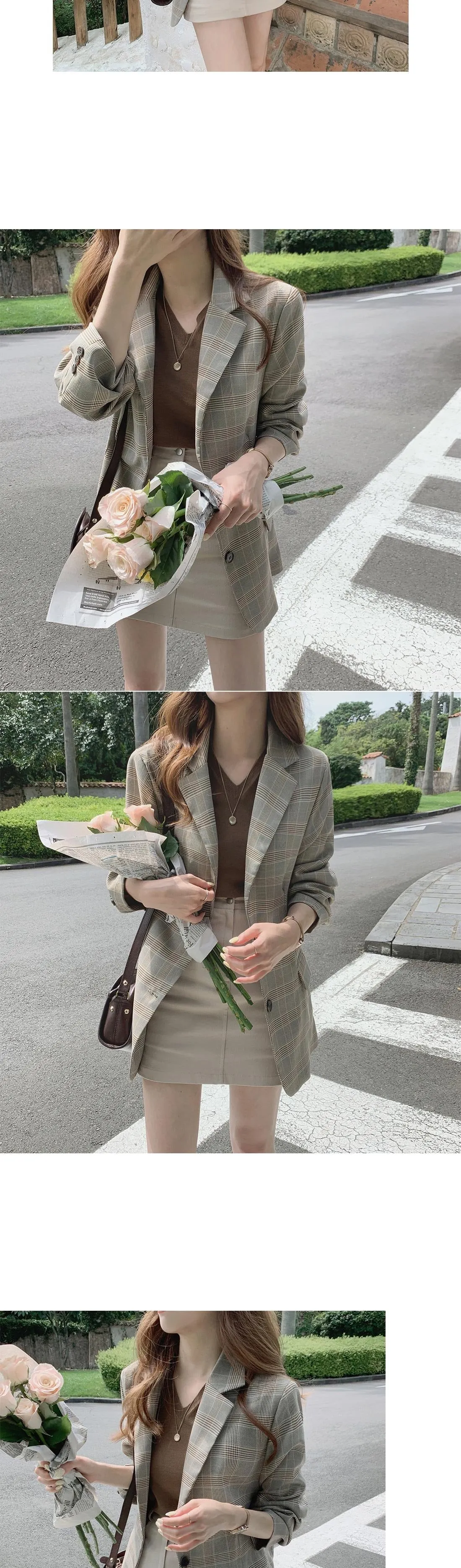 Vintage Notched Collar Plaid Breasted Jacket Casual Blazer Coat