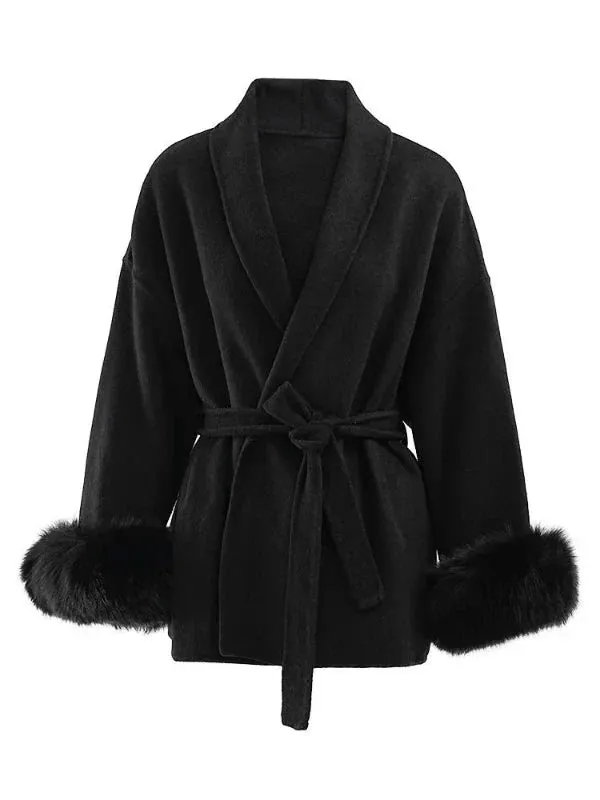 Wenkouban-Winter outfits Christmas Black Friday Shawl Collar Faux Fur Sleeve Wrap Coat