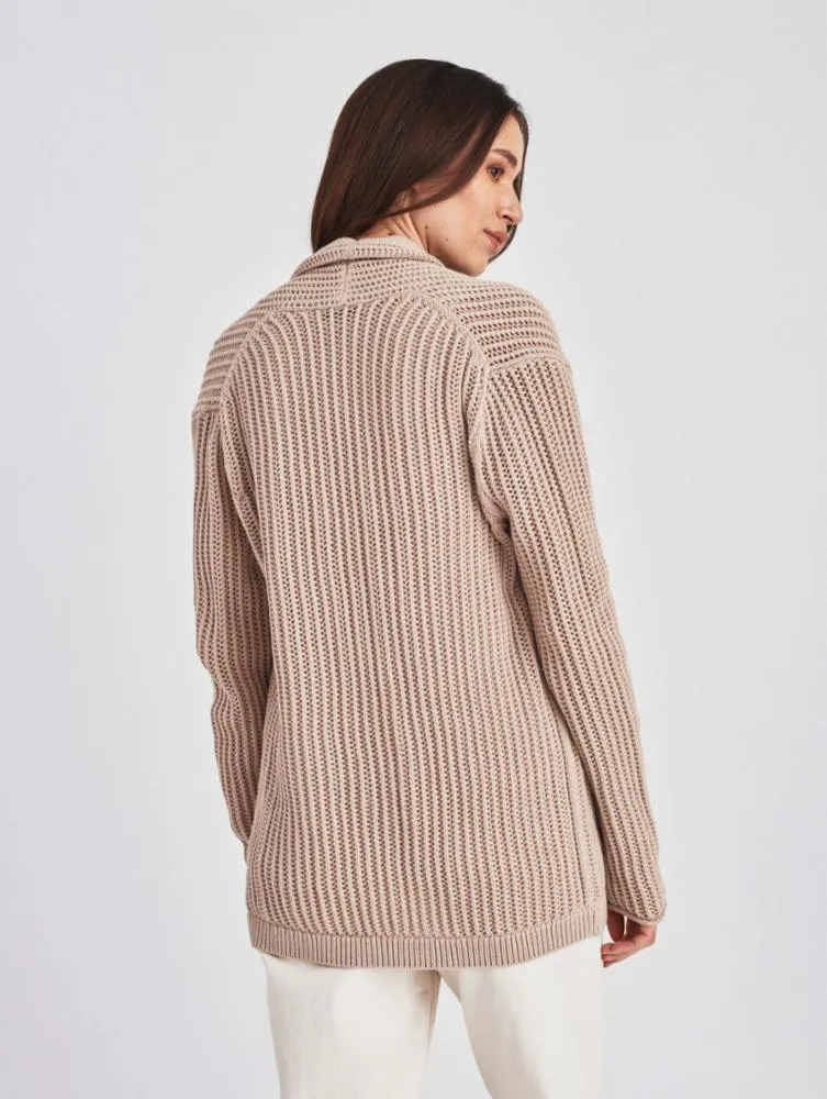 White   Warren - Lofty Cotton Mesh Open Cardigan in Toffee Heather