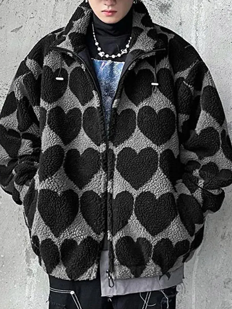 Wiaofellas  -  Fashion Love Jacquard Lamb Wool Jacket For Male Street Stand Collar Thicken Warm Outdoor Coat American Hip Pop Zipper Overcoat