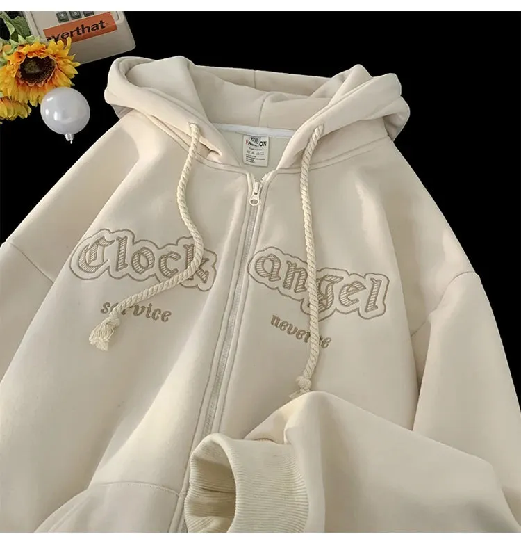 WIAOFELLAS -  Men Zip-up Hoodies Embroidered Clock Angel Letter Vintage Hooded Gothic Trend Couple Outerwear Y2k Women Hoodie Autumn Cardigan