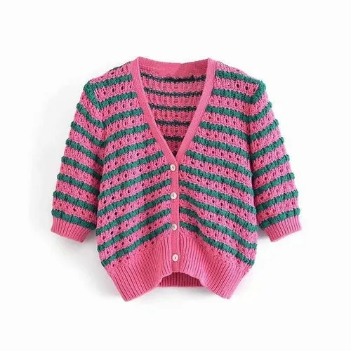 Woman Sweet Pink Hollow Out Knitted Cardigan