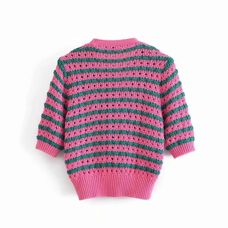 Woman Sweet Pink Hollow Out Knitted Cardigan