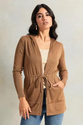 Women Beige Waist Hooded Cardigan With Pockets