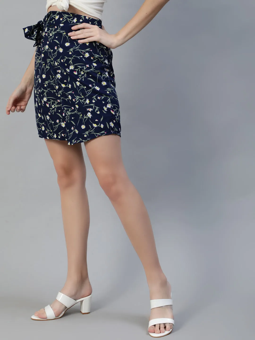 Women Navy Blue Floral Printed Mini Skirt