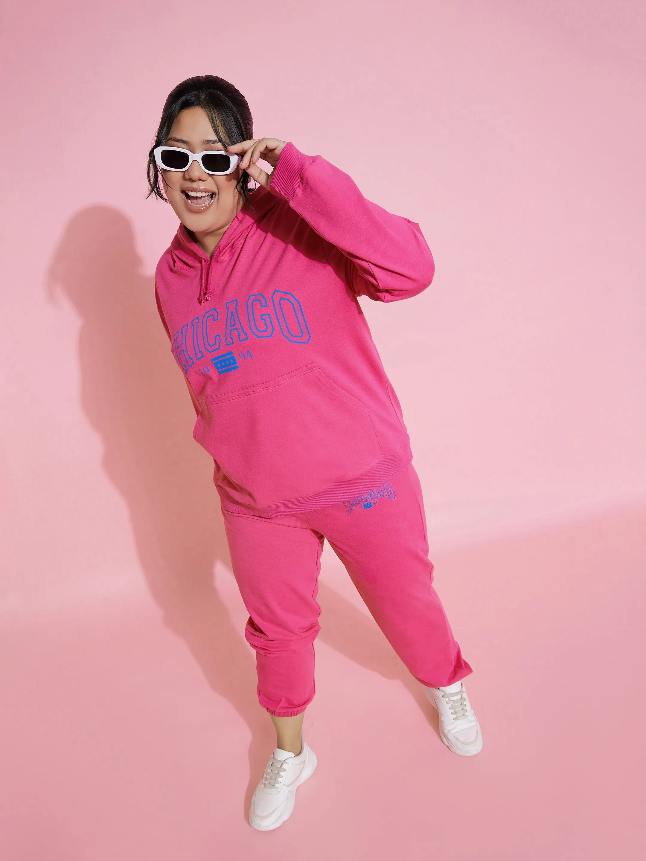 Women Pink CHICAGO Terry Hoodie With Joggers