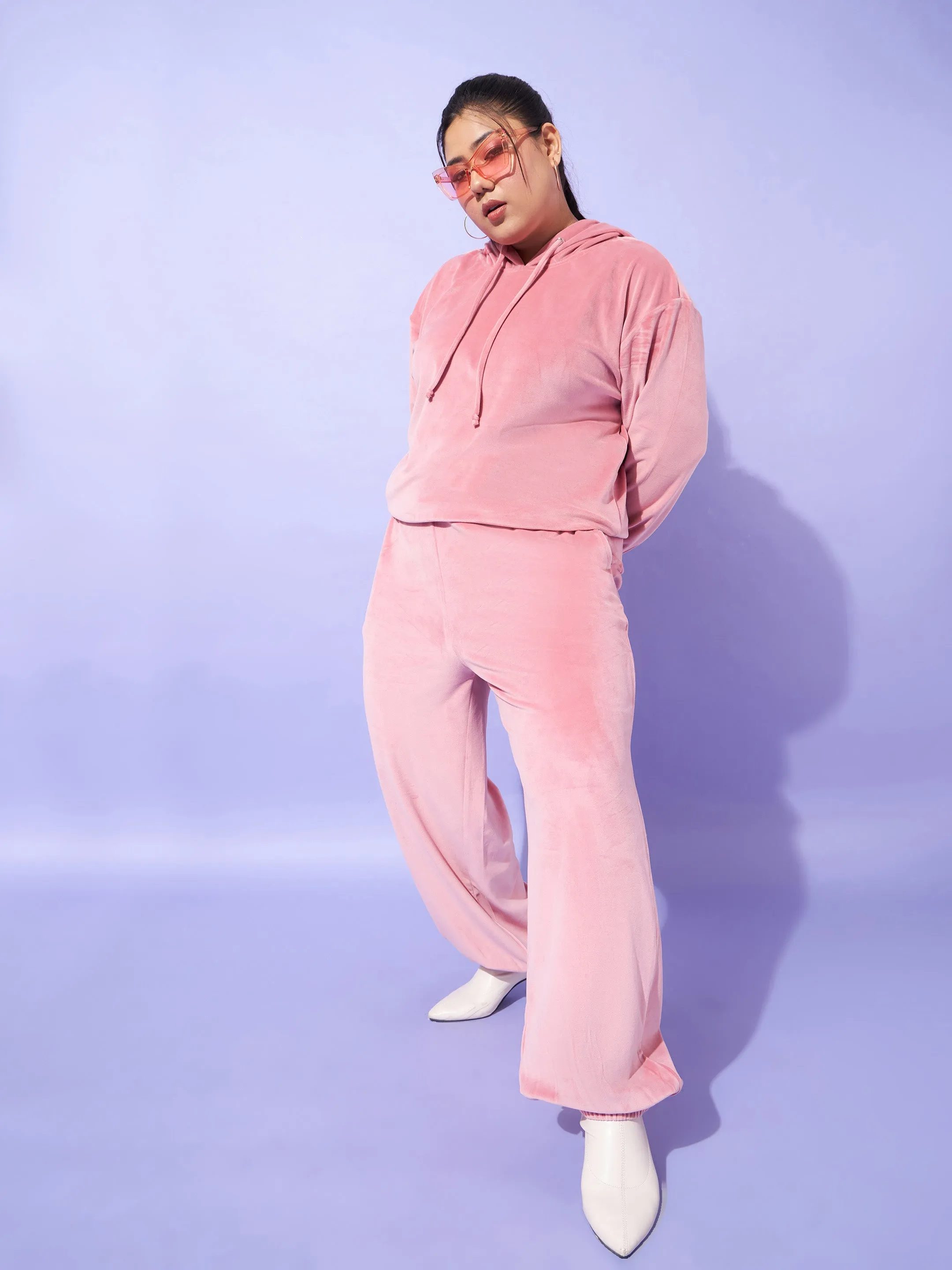 Women Pink Velour Hoodie With Joggers