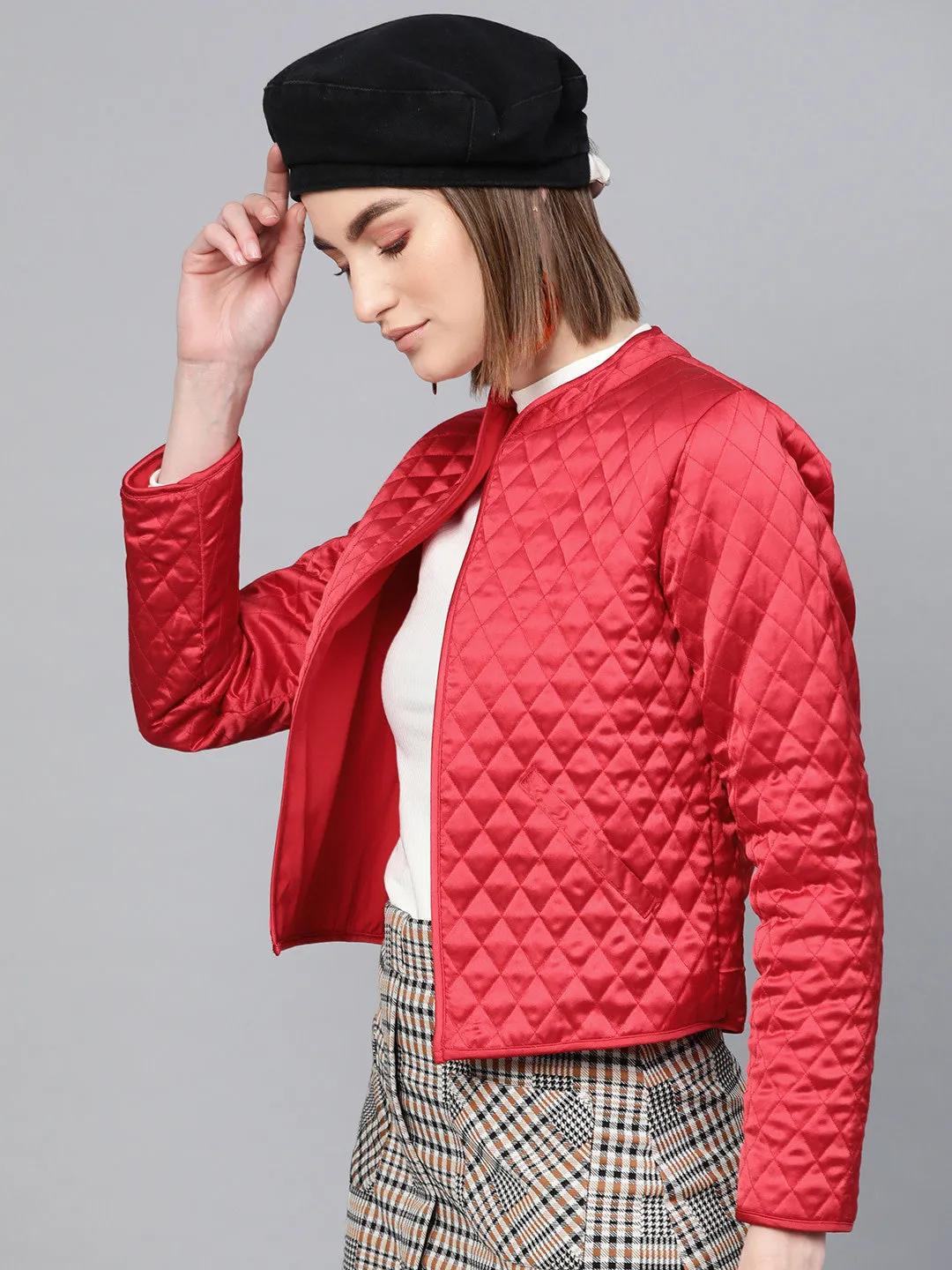 Women Red Front Open Quilted Jacket