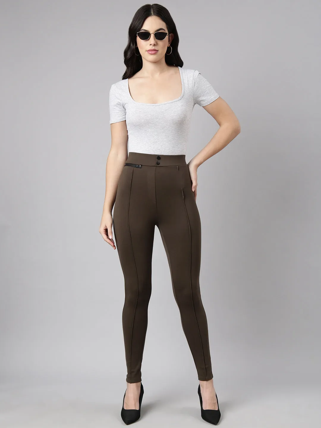 Women Solid Olive Skinny Fit Jeggings