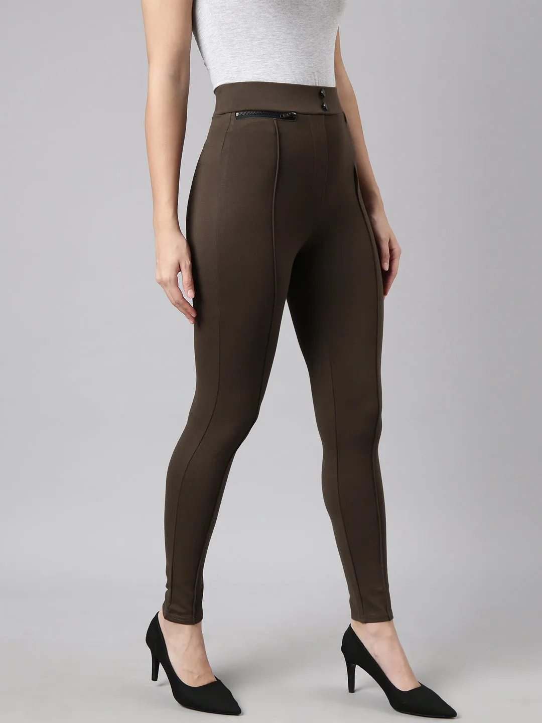 Women Solid Olive Skinny Fit Jeggings