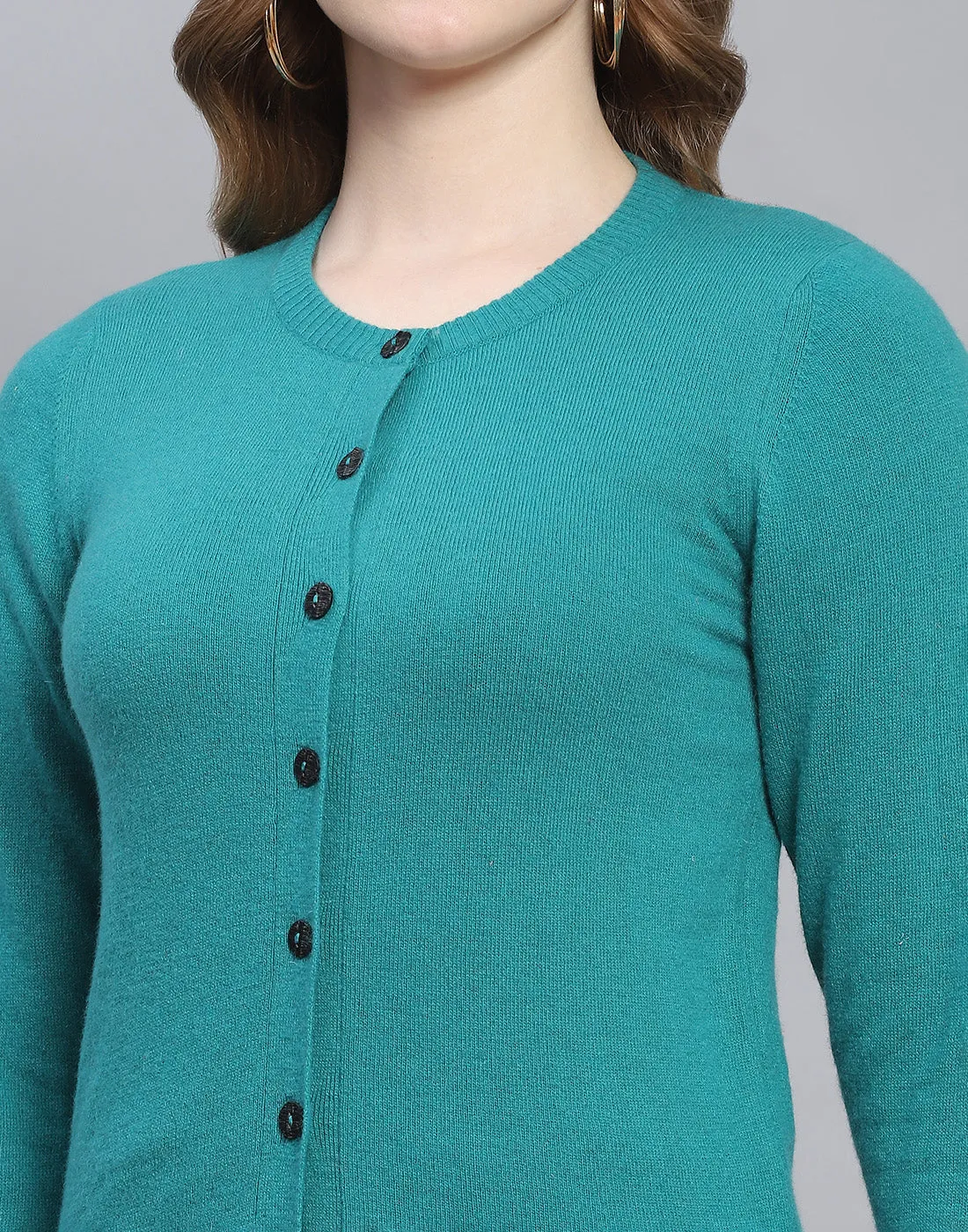 Women Teal Blue Solid Round Neck Full Sleeve Cardigan