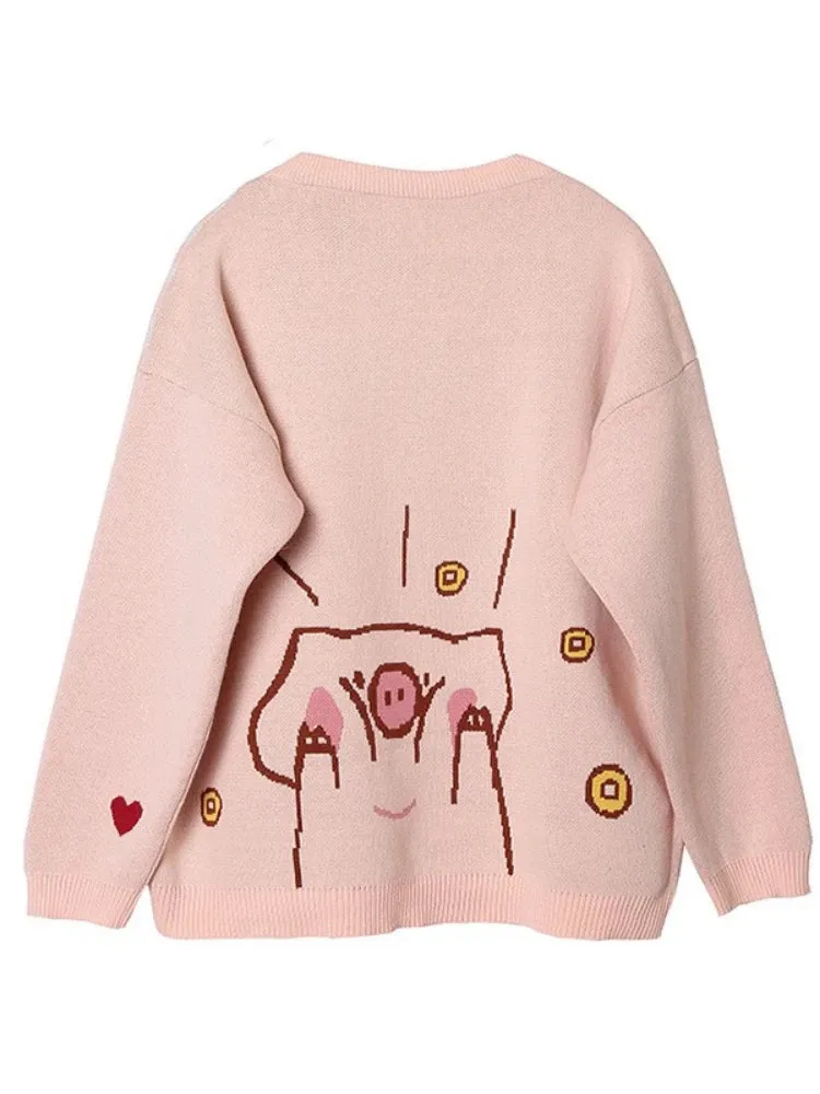 Women's Cartoon Pig Embroidery Knitted Sweaters And Pullovers Winter Thick Warm Girls Knit Jumpe Sweater Jacquard