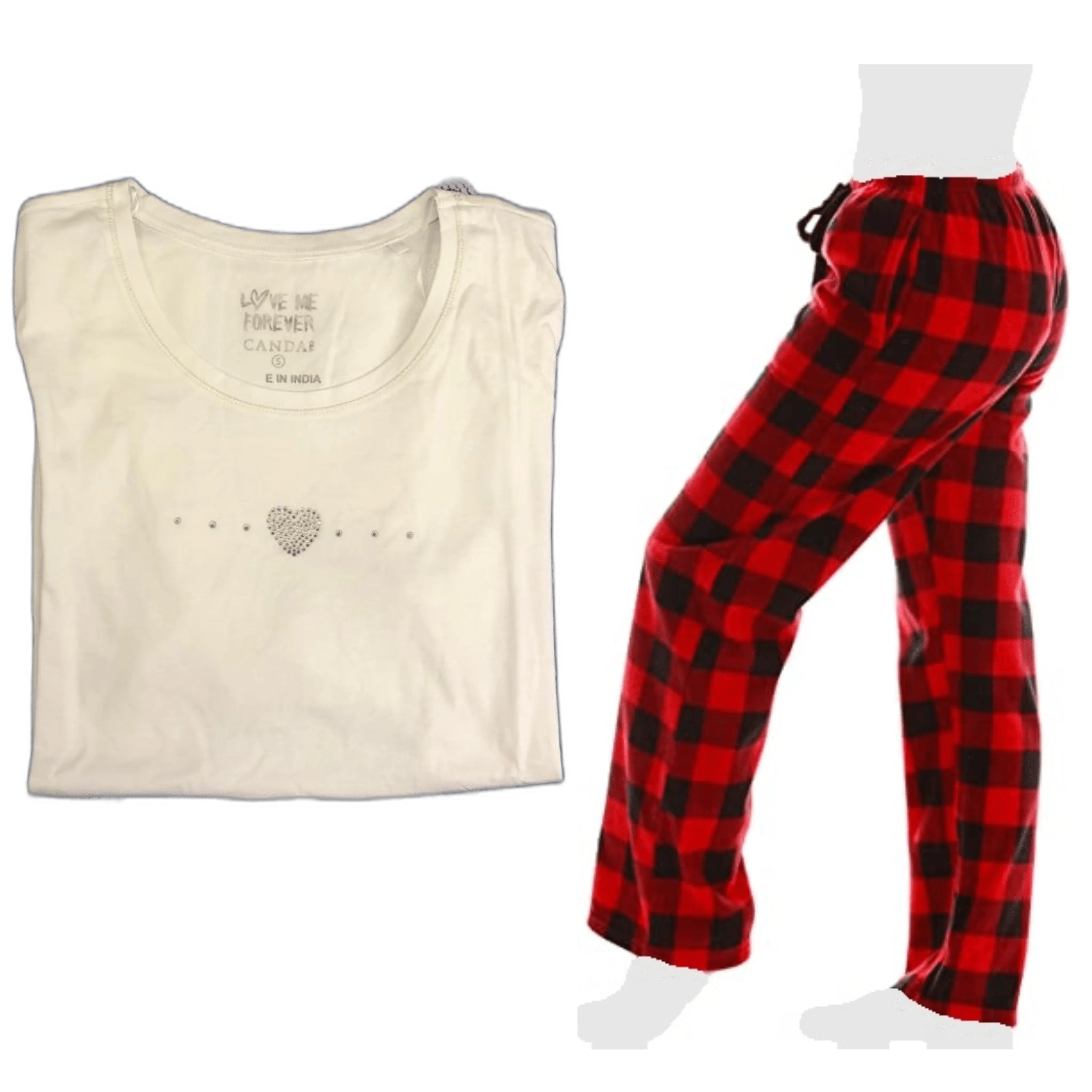 Women's Cozy Pajama Set Plush Red Pants and Cotton Soft Heart T shirt by Just Love