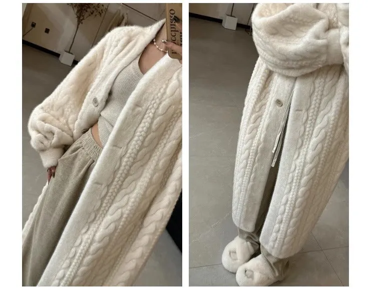 Women's Elegant Twist Knit Faux Fur Coat