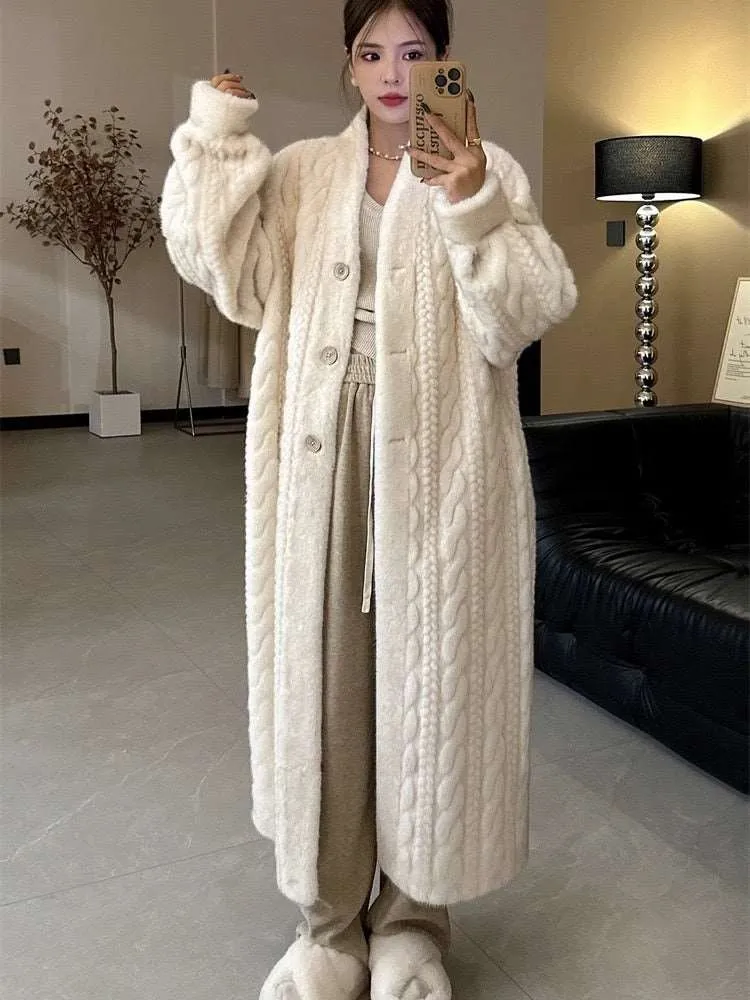 Women's Elegant Twist Knit Faux Fur Coat