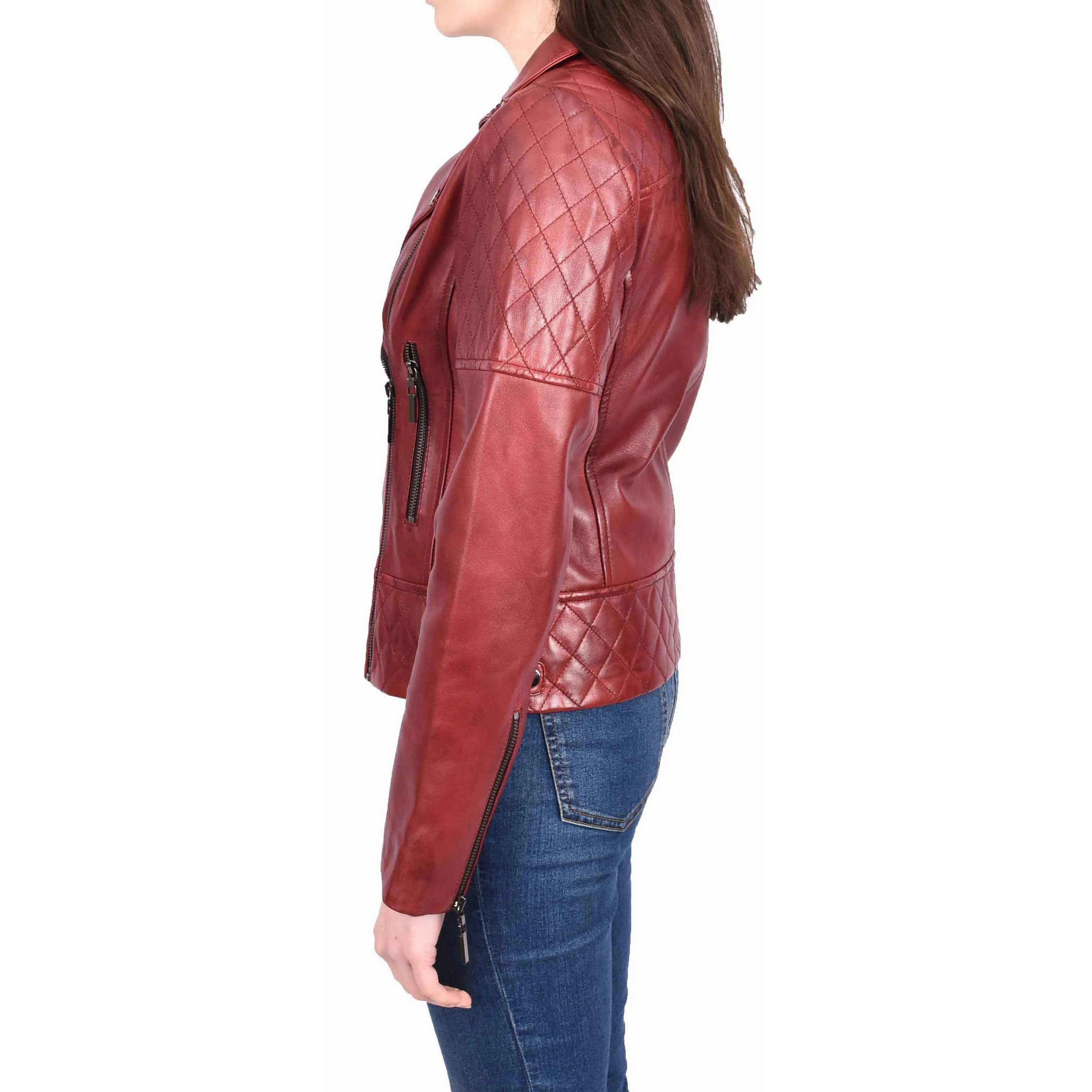 Womens Leather Biker Jackets Asymmetrical Zip Quilted Trendy Design Maeve Burgundy