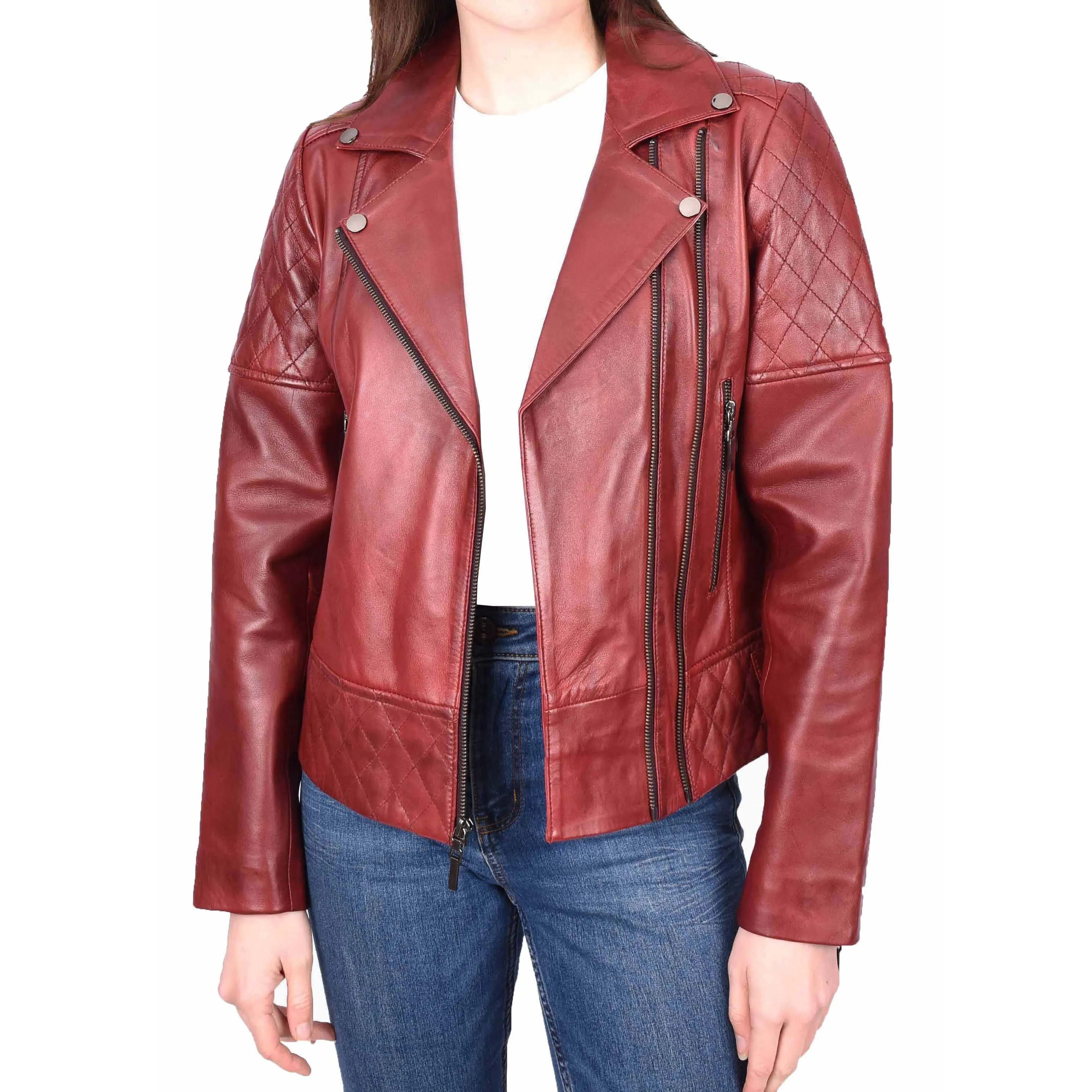 Womens Leather Biker Jackets Asymmetrical Zip Quilted Trendy Design Maeve Burgundy