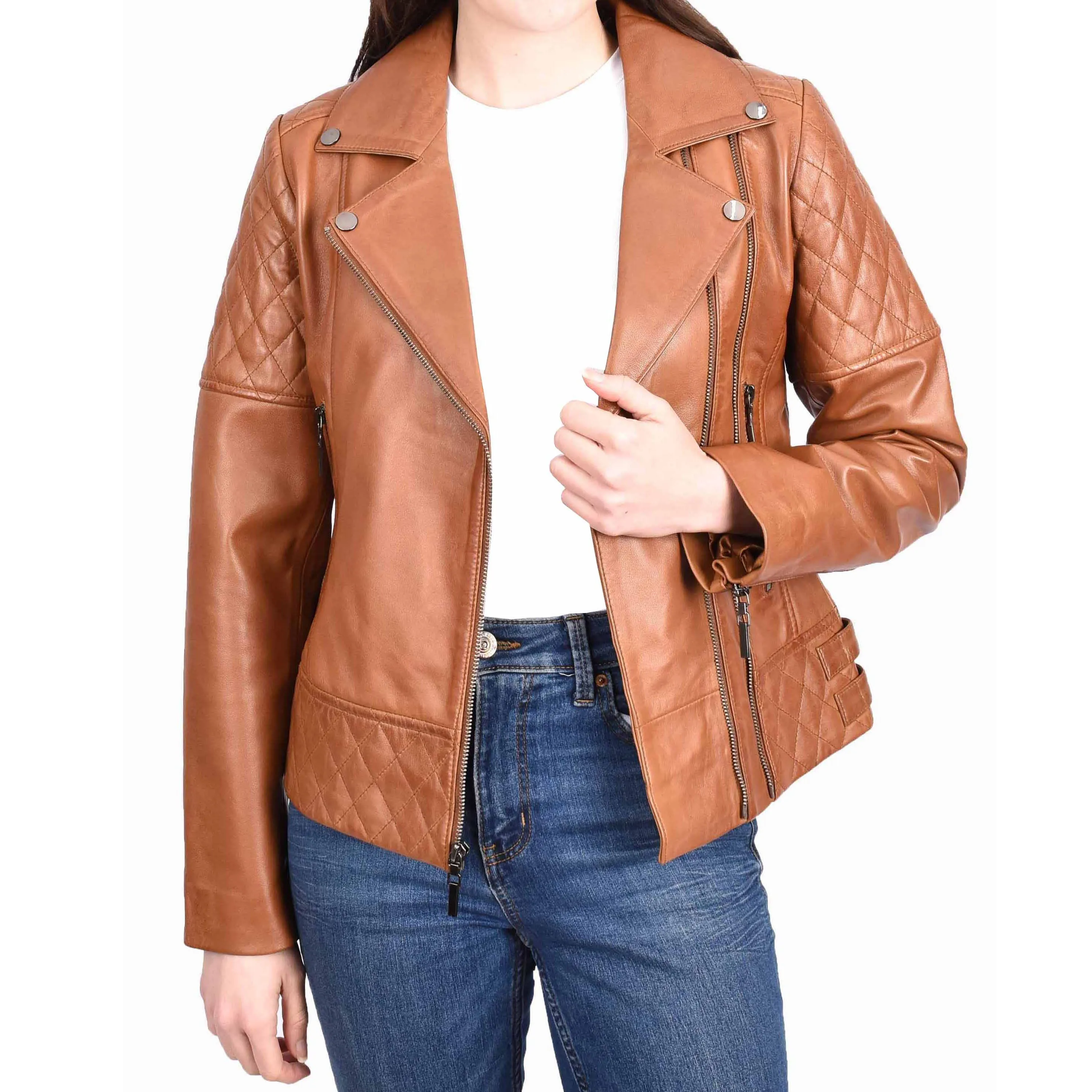 Womens Leather Biker Jackets Asymmetrical Zip Quilted Trendy Design Maeve Tan