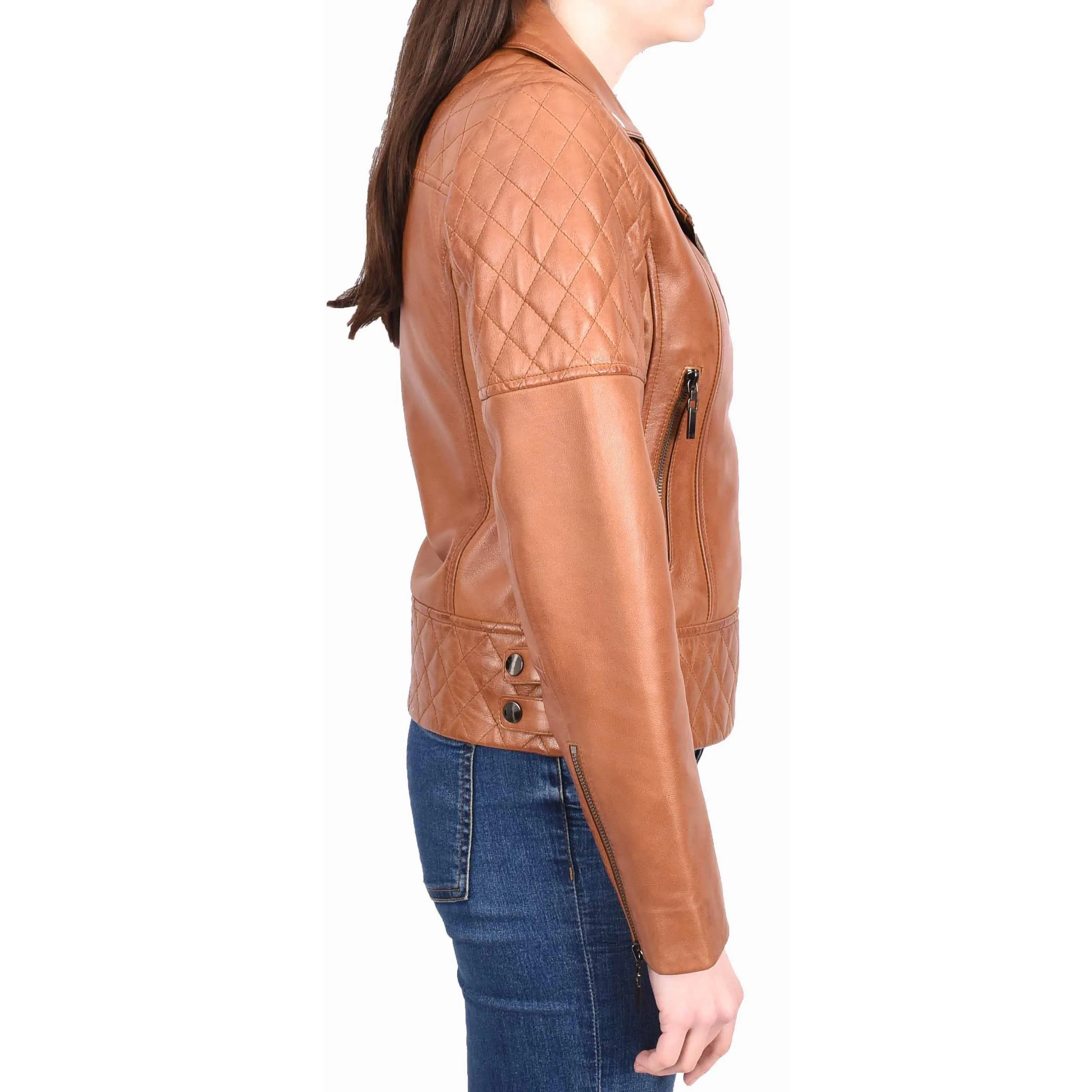 Womens Leather Biker Jackets Asymmetrical Zip Quilted Trendy Design Maeve Tan