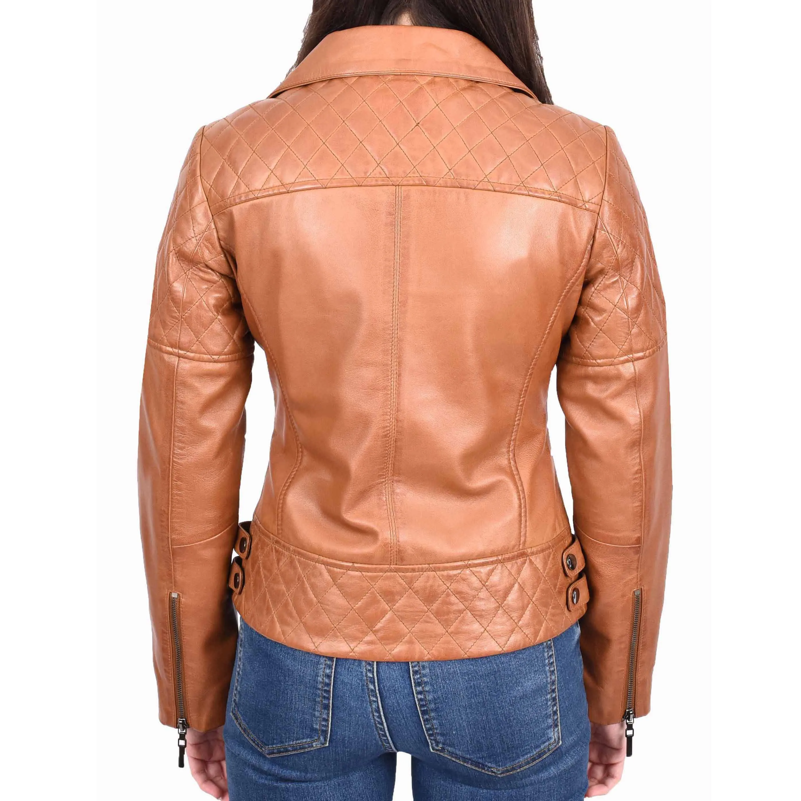 Womens Leather Biker Jackets Asymmetrical Zip Quilted Trendy Design Maeve Tan